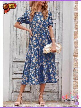 Women's Floral Print Midi Dress Puff Sleeve A-Line for Summer Casual